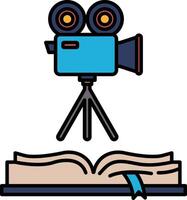 A camera is on a tripod next to an open book vector