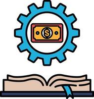 A graphic of a dollar sign on a gear with a book in the background vector
