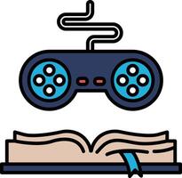 A blue controller is shown above an open book vector