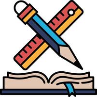 A pencil and a ruler are drawn next to an open book vector