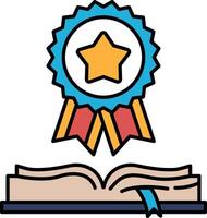 A blue and red ribbon with a star on it is placed on top of an open book vector