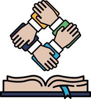 A hand is shown in the middle of a book with four other hands surrounding it vector