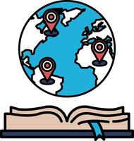 A globe with three pins on it is shown next to an open book vector