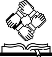 hand is shown in the middle of a book with four other hands surrounding it vector