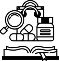 book with a magnifying glass and a bag of pills on top of it vector