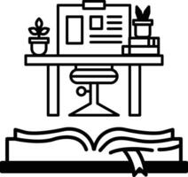 desk with a computer a chair a book and a potted plant vector