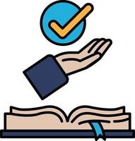 A hand is holding a book with a blue and yellow check mark on it vector
