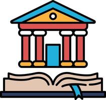 A building with a red door and blue pillars is shown next to an open book vector