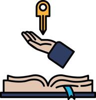 A hand is holding a key above an open book vector