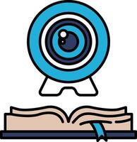 A blue and white image of a camera lens with a book in the background vector