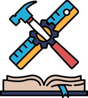A hammer and a ruler are shown next to an open book vector