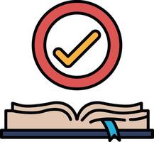 A red circle with a yellow check mark is on top of an open book vector