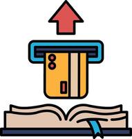 A credit card is inserted into a machine that is above an open book vector