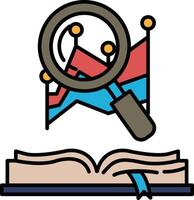 A magnifying glass is shown above a book with a red, blue and yellow background vector