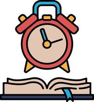 A red alarm clock with a white face sits on top of an open book vector