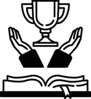 trophy is being held by two hands with an open book in the background vector