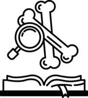 book with a magnifying glass on it and a skeleton on the right side vector
