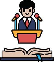 A man is standing in front of a microphone and a book vector