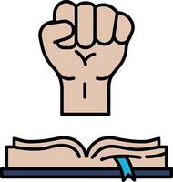 A fist is raised above an open book, symbolizing the power of knowledge vector