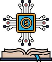 A computer chip with a dollar sign on it is shown next to an open book vector