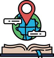 A globe with a red dot on it is surrounded by a book vector