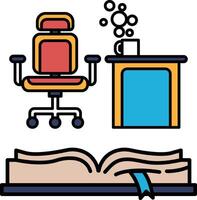 A book is open on a table with a chair and a cup of coffee vector