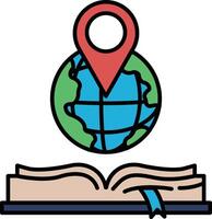 A book with a globe on top of it and a red pin on the globe vector
