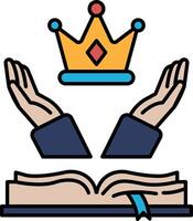 A crown is on top of two hands that are holding an open book vector