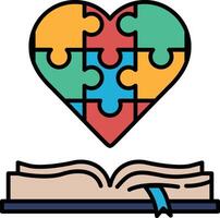 A puzzle piece heart is shown with an open book vector