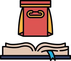 A red bag with a yellow handle sits on top of an open book vector