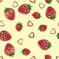 Playful pattern featuring cartoon strawberries with large, expressive eyes vector