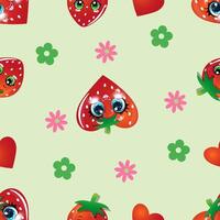 Pattern featuring cartoon strawberries with large expressive eyes and smiling faces vector