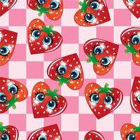 Kawaii-style strawberries with expressive eyes are scattered across a pink background vector