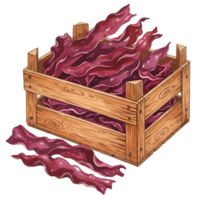 A watercolor crate filled with strips of cured meat and some strips outside of the crate on a plain surface on transparent background png