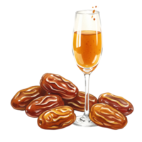 A glass of juice with dates arranged around it creating a refreshing and healthy presentation style on transparent background png