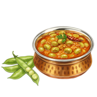 A watercolor bowl of cooked beans in a sauce with green pods and a red pepper on a plain colored surface on transparent background png