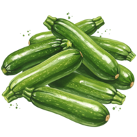 A pile of several fresh green zucchini squash vegetables stacked on top of each other in a heap together on transparent background png