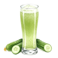 watercolor Tall glass of green smoothie with foam and cucumbers arranged around it on a plain setting on transparent background png