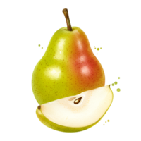 A vibrant pear with a slice removed showcasing its seed against a plain colored canvas view point on transparent background png