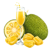 Still life showing jackfruit with sections and a glass of juice against a plain setting area on transparent background png