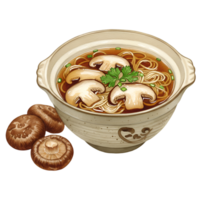 A watercolor bowl of noodle soup with mushrooms and parsley garnish sitting next to three whole mushrooms on transparent background png