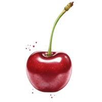 A single ripe cherry with a green stem isolated against a plain solid color studio type setting view on transparent background png
