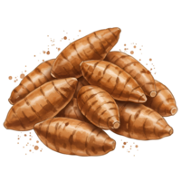 A group of cassava roots piled together on a plain presentation with a neutral colored surface area on transparent background png