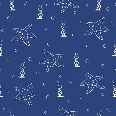 Cute ocean cartoon animals and fishes sketch pattern