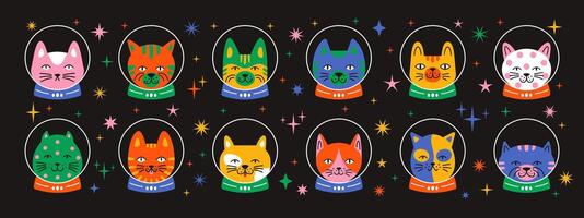 colorful funny cat heads in space set flat design. Cute playful kitten cat astronaut collection. Modern cat characters wearing space suits. vector