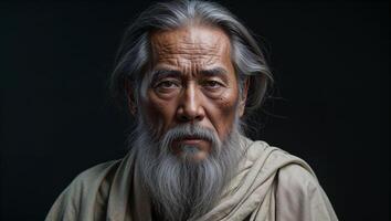Portrait of assian senior monk wearing traditional robe showing serenity and wisdom photo