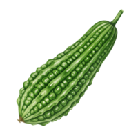 A watercolor single bitter melon with a bumpy surface and ridges on a plain background is prominently displayed on transparent background png