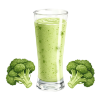 A watercolor glass filled with green smoothie and two broccoli florets on an isolated simple background view on transparent background png