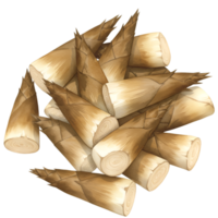 A watercolor pile of fresh bamboo shoots with pointed tips and cylindrical bases arranged together in a heap view on transparent background png