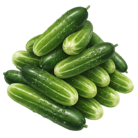 A watercolor heap of fresh cucumbers stacked together in a pile against a plain isolated area for product use on transparent background png